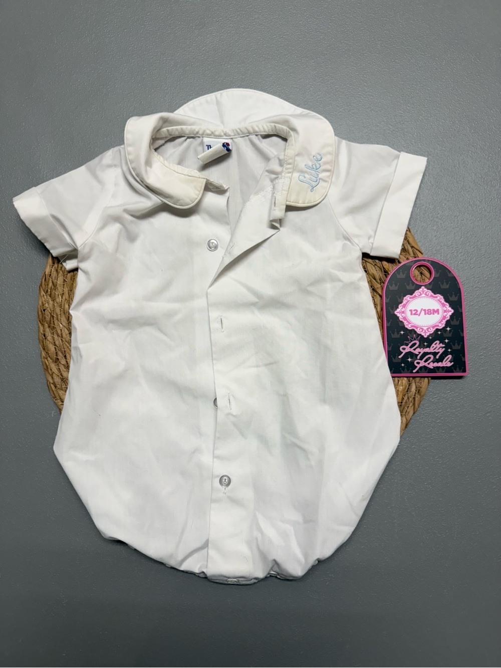Luke White Short-Sleeve Button Down Baby Romper - 12/18M